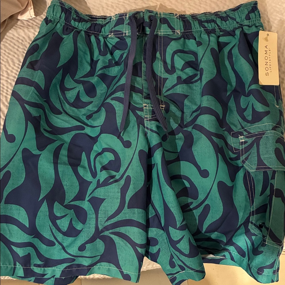 Sonoma Men's Teal and Navy Swim Board Shorts